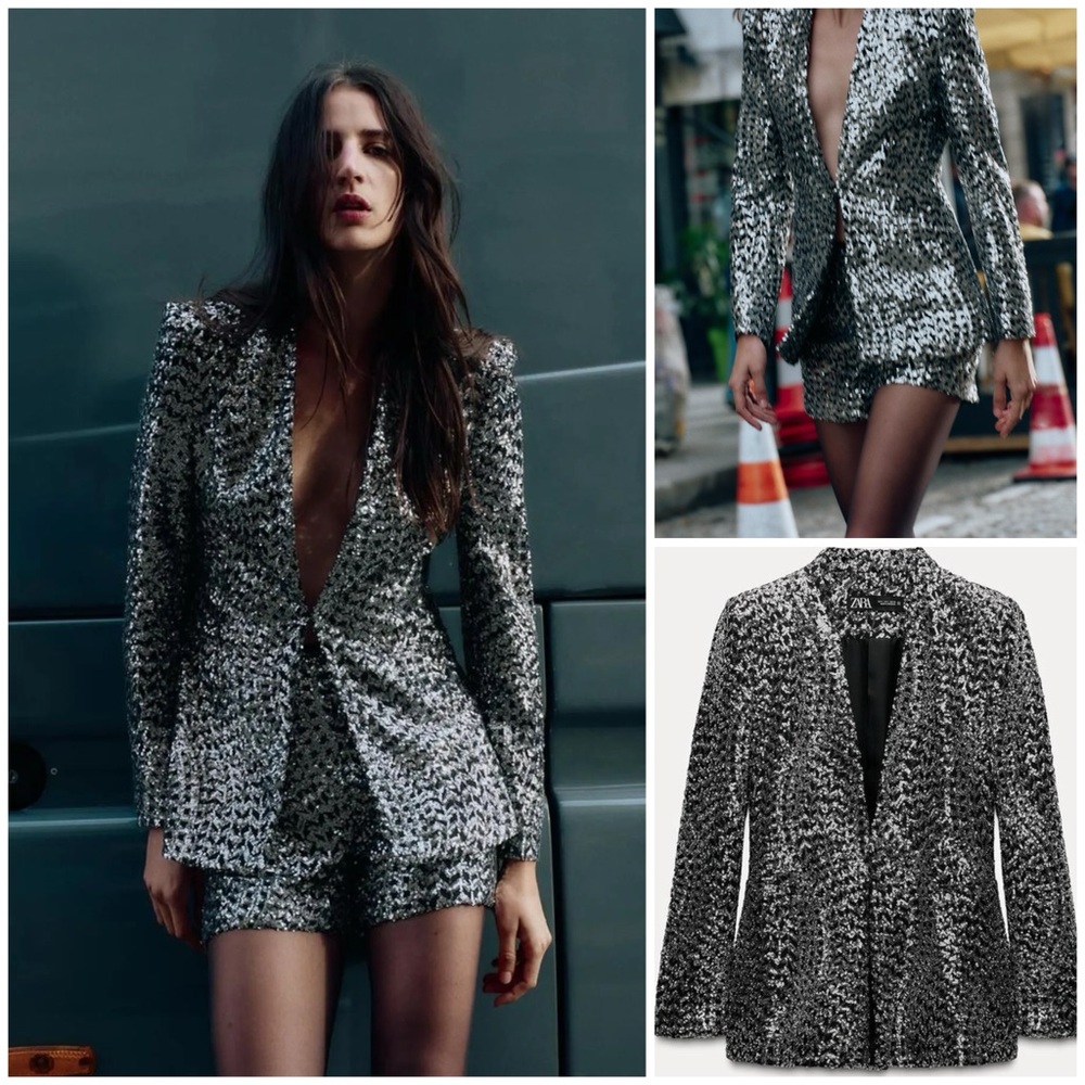 ZARA ~ SEQUIN COLLARLESS BLAZER BLACK SILVER